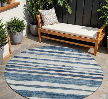 8' Denim Blue And Gray Round Striped Washable Indoor Outdoor Area Rug