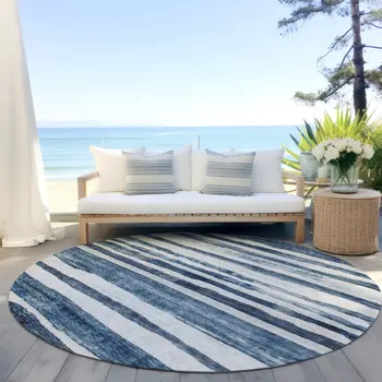 8' Denim Blue And Gray Round Striped Washable Indoor Outdoor Area Rug