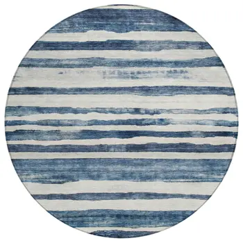 8' Denim Blue And Gray Round Striped Washable Indoor Outdoor Area Rug