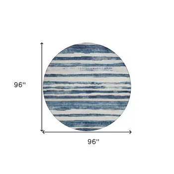 8' Denim Blue And Gray Round Striped Washable Indoor Outdoor Area Rug
