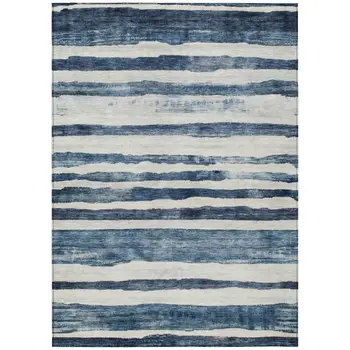 8' X 10' Denim Blue And Gray Striped Washable Indoor Outdoor Area Rug
