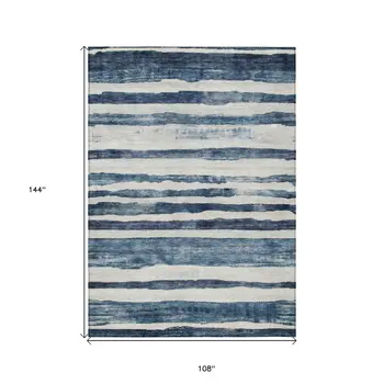 9' X 12' Denim Blue And Gray Striped Washable Indoor Outdoor Area Rug