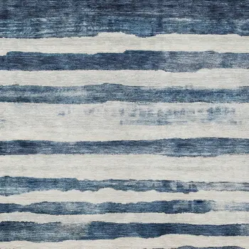 9' X 12' Denim Blue And Gray Striped Washable Indoor Outdoor Area Rug