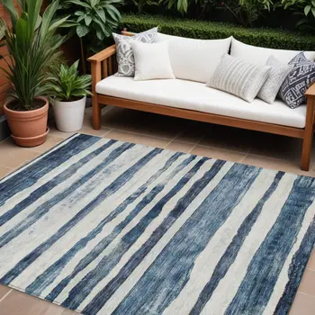 10' X 14' Denim Blue And Gray Striped Washable Indoor Outdoor Area Rug
