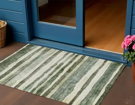 3' X 5' Sage And Beige Striped Washable Indoor Outdoor Area Rug