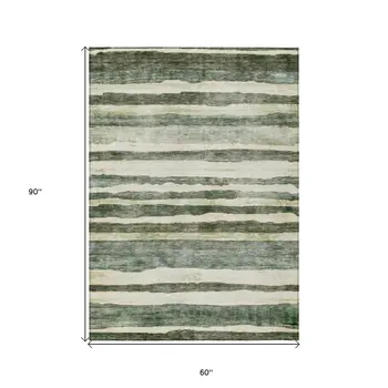 5' X 8' Sage And Beige Striped Washable Indoor Outdoor Area Rug