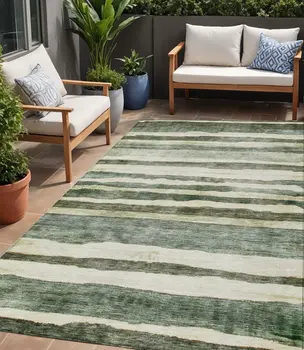5' X 8' Sage And Beige Striped Washable Indoor Outdoor Area Rug