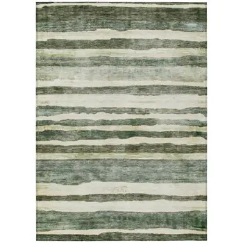 5' X 8' Sage And Beige Striped Washable Indoor Outdoor Area Rug