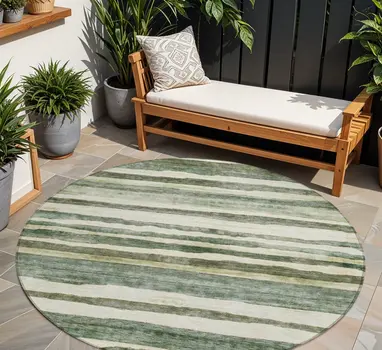 8' Sage And Beige Round Striped Washable Indoor Outdoor Area Rug