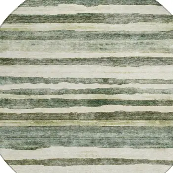 8' Sage And Beige Round Striped Washable Indoor Outdoor Area Rug
