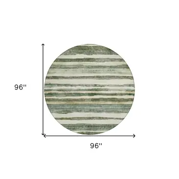 8' Sage And Beige Round Striped Washable Indoor Outdoor Area Rug