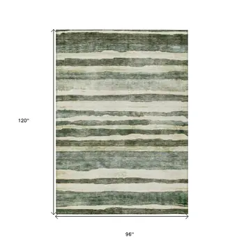 8' X 10' Sage And Beige Striped Washable Indoor Outdoor Area Rug