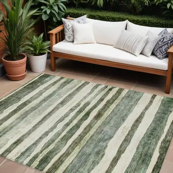 8' X 10' Sage And Beige Striped Washable Indoor Outdoor Area Rug
