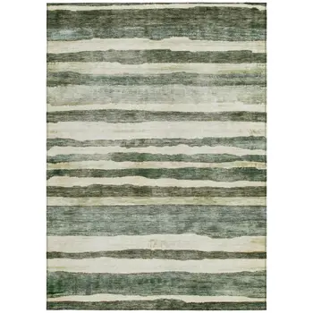 9' X 12' Sage And Beige Striped Washable Indoor Outdoor Area Rug