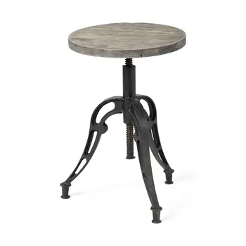 Natural and Black Solid Wood and Iron Backless Adjustable Height Bar Chair