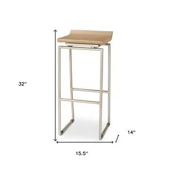 31" Natural and Silver Solid Wood and Iron Low Back Bar Height Bar Chair