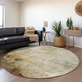 8' Linen Black And Copper Round Abstract Washable Indoor Outdoor Area Rug