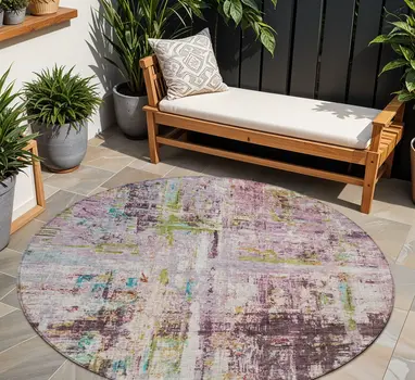 8' Lavender Green And Blue Round Abstract Washable Indoor Outdoor Area Rug