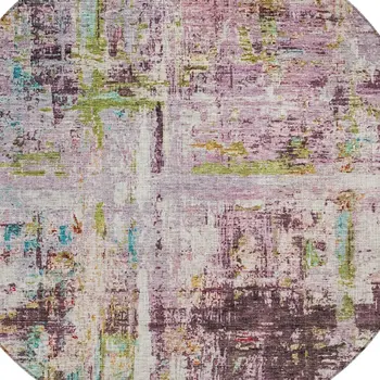 8' Lavender Green And Blue Round Abstract Washable Indoor Outdoor Area Rug