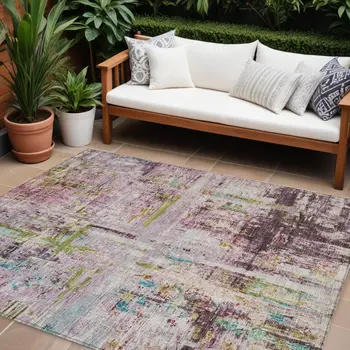 10' X 14' Lavender Green And Blue Abstract Washable Indoor Outdoor Area Rug