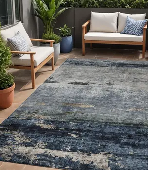 5' X 8' Navy Blue Gray And Black Abstract Washable Indoor Outdoor Area Rug