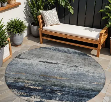 8' Navy Blue Gray And Black Round Abstract Washable Indoor Outdoor Area Rug