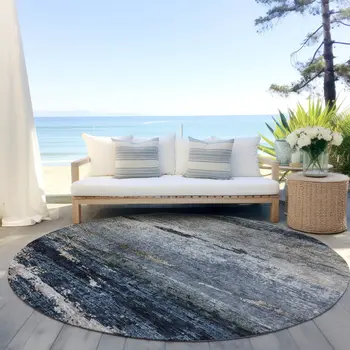 8' Navy Blue Gray And Black Round Abstract Washable Indoor Outdoor Area Rug