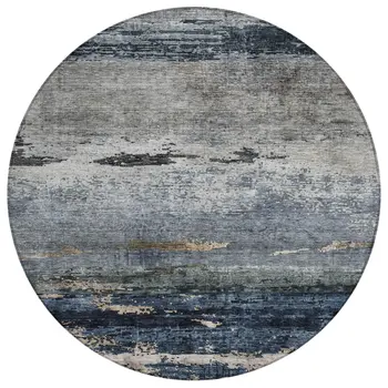 8' Navy Blue Gray And Black Round Abstract Washable Indoor Outdoor Area Rug