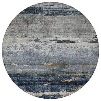 8' Navy Blue Gray And Black Round Abstract Washable Indoor Outdoor Area Rug
