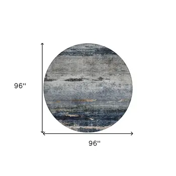 8' Navy Blue Gray And Black Round Abstract Washable Indoor Outdoor Area Rug