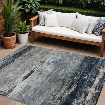 10' X 14' Navy Blue Gray And Black Abstract Washable Indoor Outdoor Area Rug