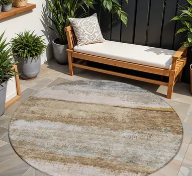 8' Beige Brown And Gray Round Abstract Washable Indoor Outdoor Area Rug