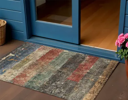 3' X 5' Fern Green Black And Terra Cotta Striped Washable Indoor Outdoor Area Rug