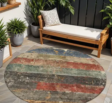 8' Fern Green Black And Terra Cotta Round Striped Washable Indoor Outdoor Area Rug