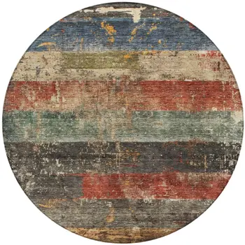 8' Fern Green Black And Terra Cotta Round Striped Washable Indoor Outdoor Area Rug