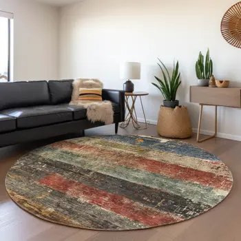 8' Fern Green Black And Terra Cotta Round Striped Washable Indoor Outdoor Area Rug