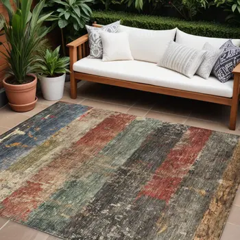 10' X 14' Fern Green Black And Terra Cotta Striped Washable Indoor Outdoor Area Rug