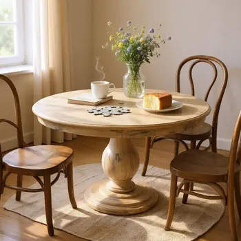 48" Natural Solid Wood Pedestal Base Round Top Dining Table