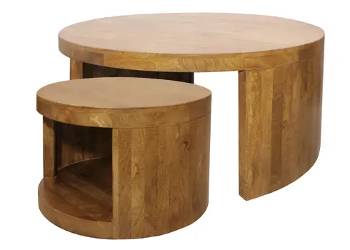 Set of Two Walnut Solid Wood Round Distressed Solid Nested Coffee Tables