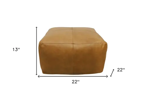 22" Tan Genuine Leather Pouf Ottoman