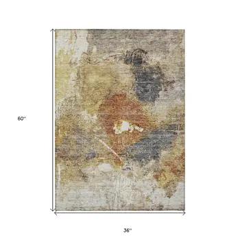 3' X 5' Taupe Black And Copper Abstract Washable Indoor Outdoor Area Rug