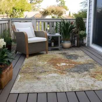 3' X 5' Taupe Black And Copper Abstract Washable Indoor Outdoor Area Rug