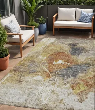 5' X 8' Taupe Black And Copper Abstract Washable Indoor Outdoor Area Rug