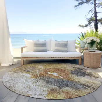 8' Taupe Black And Copper Round Abstract Washable Indoor Outdoor Area Rug