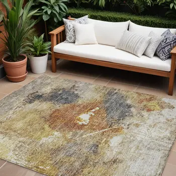 9' X 12' Taupe Black And Copper Abstract Washable Indoor Outdoor Area Rug