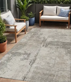5' X 8' Linen And Gray Abstract Washable Indoor Outdoor Area Rug