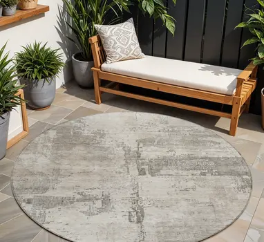 8' Linen And Gray Round Abstract Washable Indoor Outdoor Area Rug