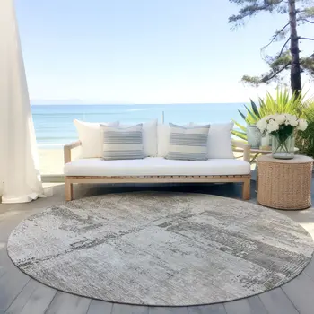 8' Linen And Gray Round Abstract Washable Indoor Outdoor Area Rug