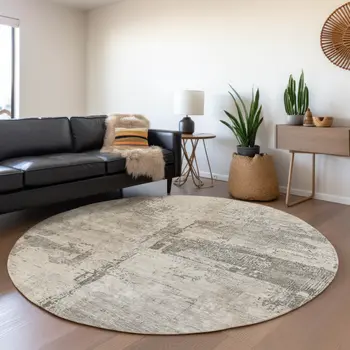 8' Linen And Gray Round Abstract Washable Indoor Outdoor Area Rug