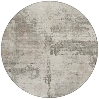 8' Linen And Gray Round Abstract Washable Indoor Outdoor Area Rug